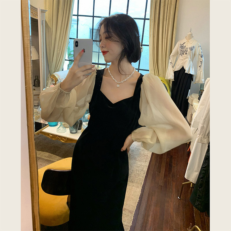 Good quality 2021 new French retro temperament Hepburn style high cold Royal sister style square neck dress