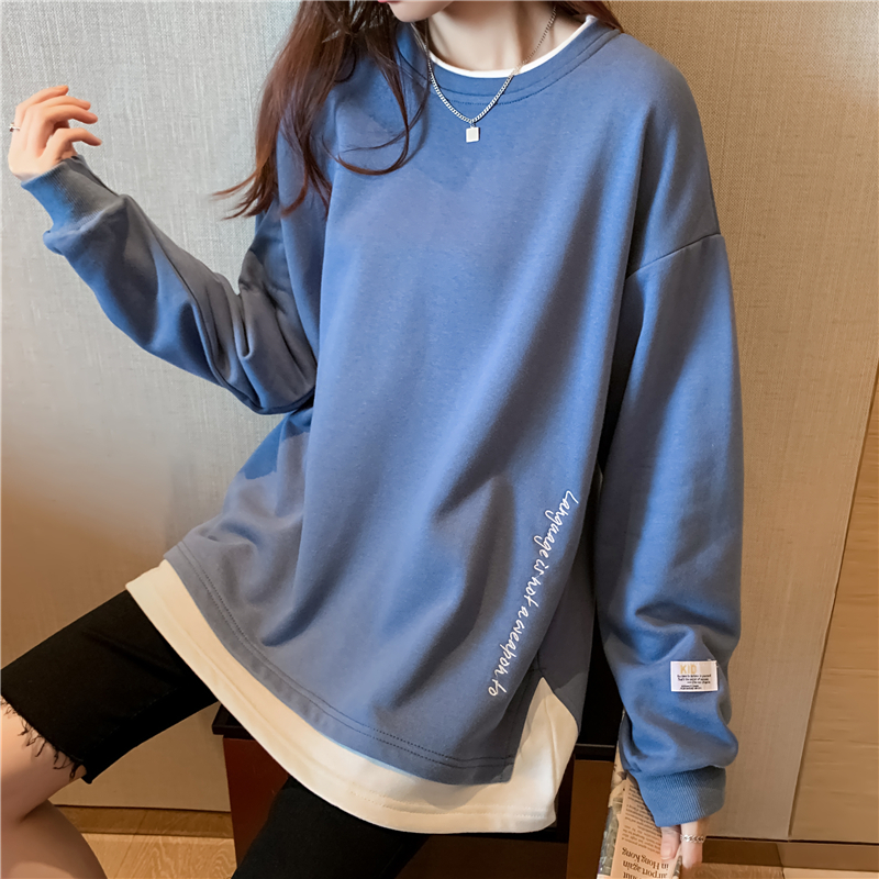 Cotton autumn and winter new Korean fake two-piece side split Cotton Long Sleeve T-Shirt women's round neck Pullover Top thin sweater