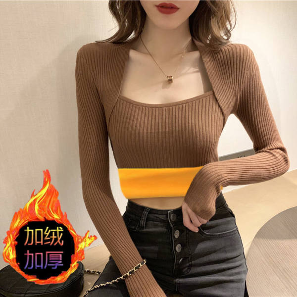 2021 autumn winter women's U-neck Plush thickened versatile solid color sweater top new fashion bottoming shirt
