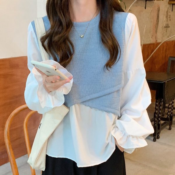 French Chic top design sense early autumn Chiffon stitching irregular fake two piece Pullover bubble sleeve shirt women's wear