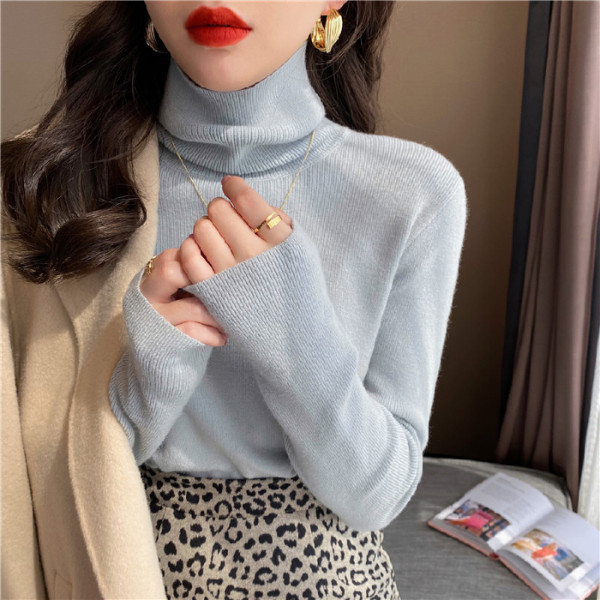 High neck sweater women's autumn and winter bottomed sweater versatile blue thickened foreign style top 2021 new style