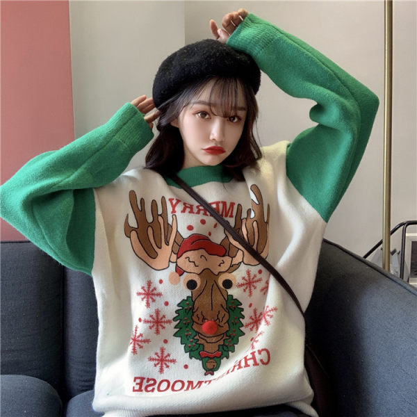 Christmas red bottomed sweater women's winter thickened loose outer wear small versatile sweet girl