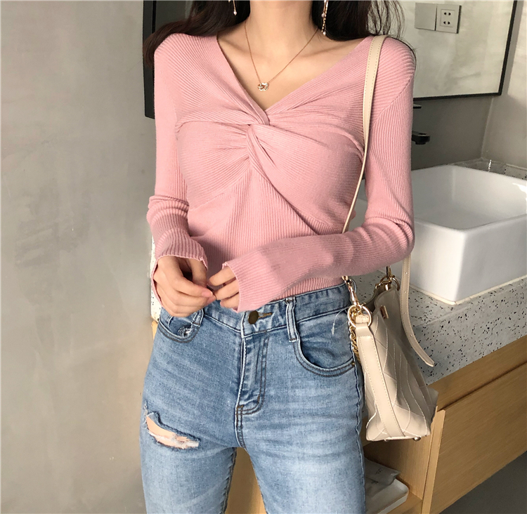 2021 autumn winter New Vintage Chic style solid V-neck cross long sleeve T-shirt design feeling knotted bottoming shirt