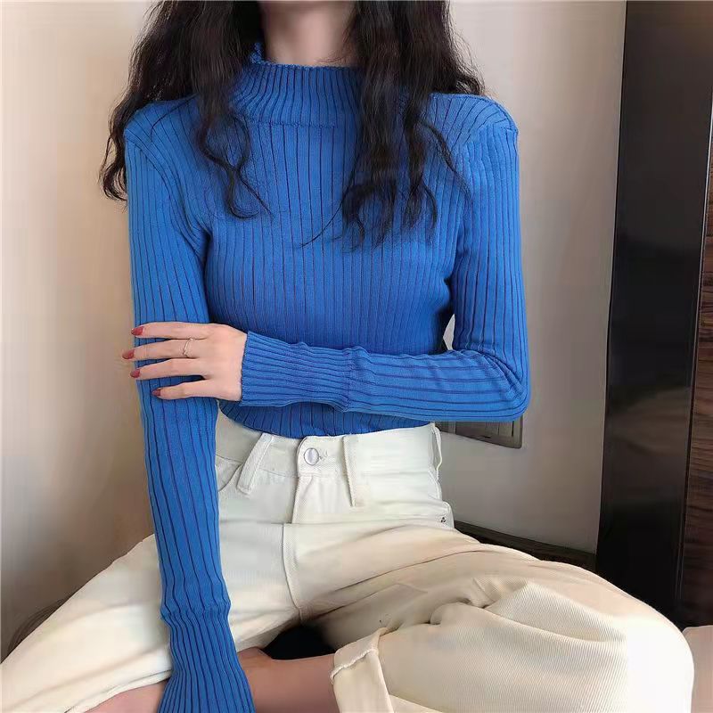 2021 new Korean style semi high neck bottomed shirt women's autumn and winter fashion foreign style versatile slim fit sweater inner match