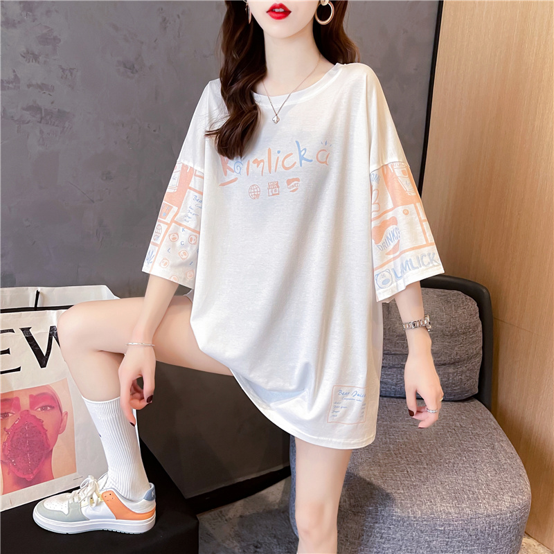 Korean print fashion T-shirt women's medium long cartoon short sleeve new versatile