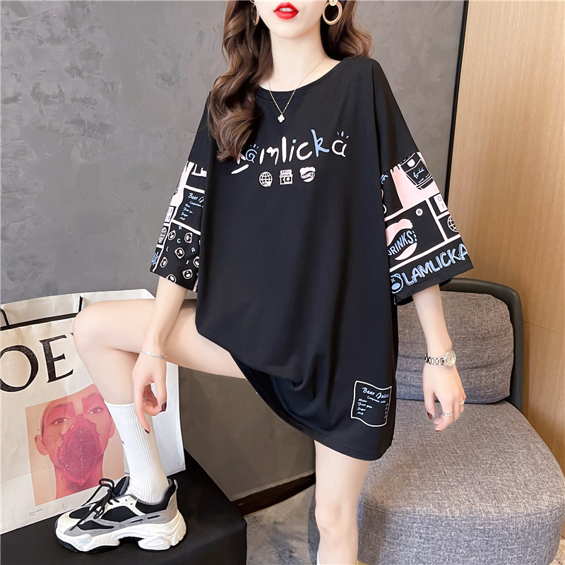 Korean print fashion T-shirt women's medium long cartoon short sleeve new versatile