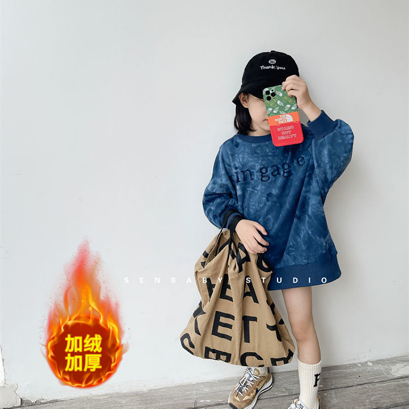 Plush and thickened autumn and winter new children's clothing sweater girl baby print foreign style fashion versatile top round neck children's fashion trend