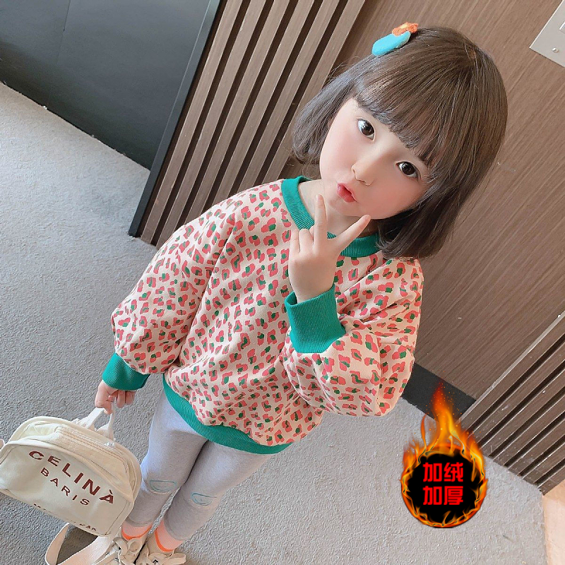 [good quality] Girls' leopard print sweater autumn and winter new plush thickened children's bottom Shirt Girls' versatile top