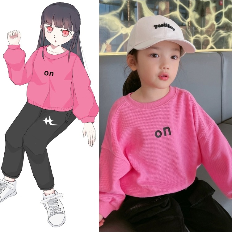 Animation version of the new girls' letter on printed round neck sweater spring and autumn children's loose casual long sleeve T-shirt