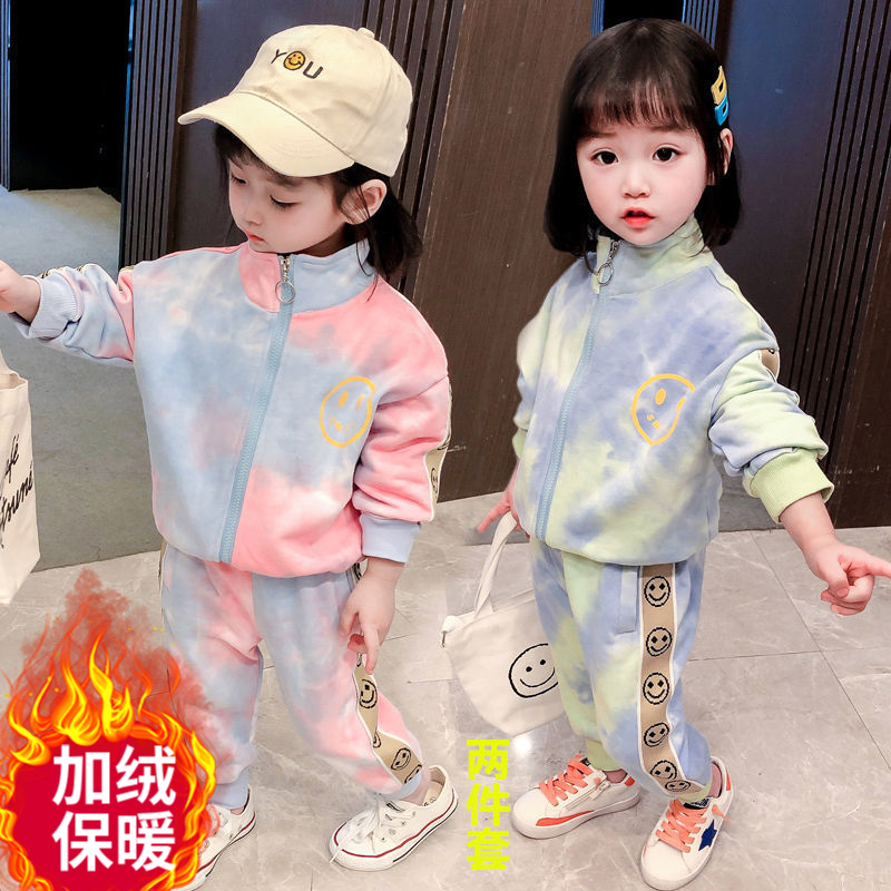 Plush thickened girls' net red suit fashion lovely baby autumn and winter new two-piece suit foreign style sports suit fashion