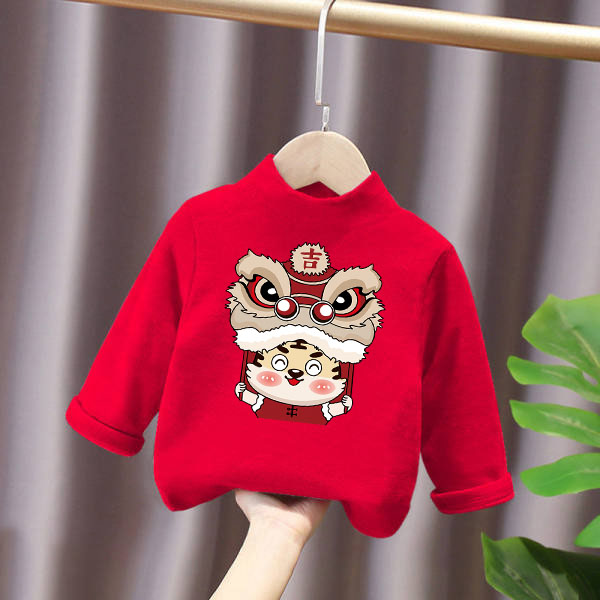 Derong autumn and winter new plush thickened half high collar bottomed shirt printed lion tiger king fashion T-shirt for boys and girls