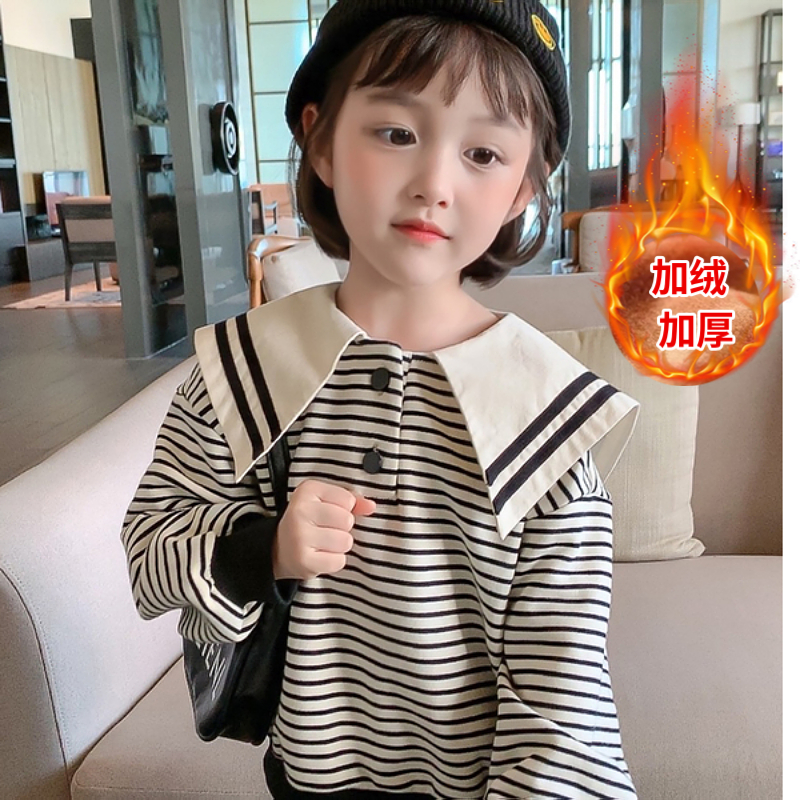 Plush and thickened pure cotton pull frame fish scale children's wear sweater autumn and winter new Korean style fashion Lapel STRIPE TOP