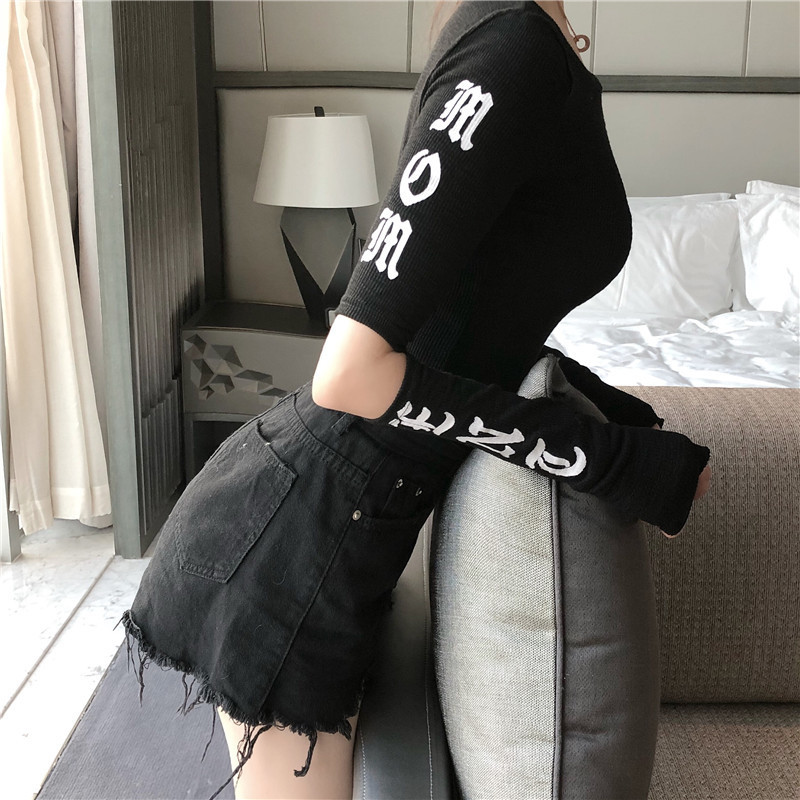 2021 early spring autumn new chic short Tight Sexy hole long sleeve navel exposed letter printed T-shirt women