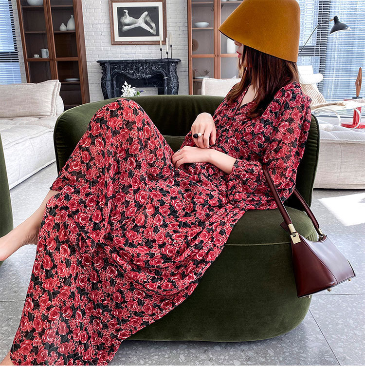Medium length Floral Chiffon Dress 2021 new spring and autumn long sleeve high waist loose large retro French skirt