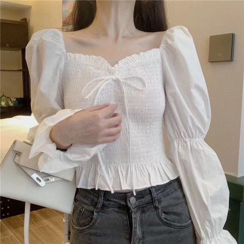 Autumn 2021 new Korean long sleeve top women's Ruffle side square neck strap fold waist closing bubble sleeve short shirt