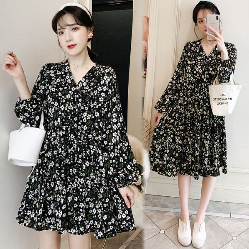 Loose large dress fat mm chiffon long sleeve floral medium length loose V-neck covering belly thin for pregnant women