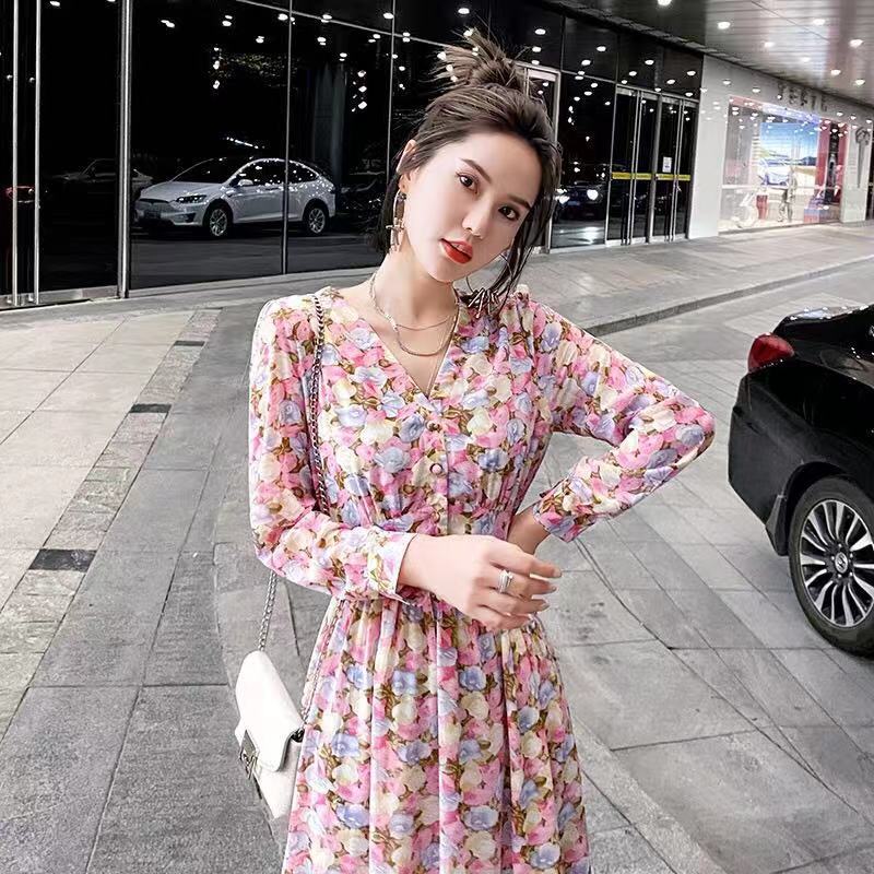 New Chiffon 2021v collar long sleeve dress women's spring and autumn winter broken flower Korean version increased slim skirt