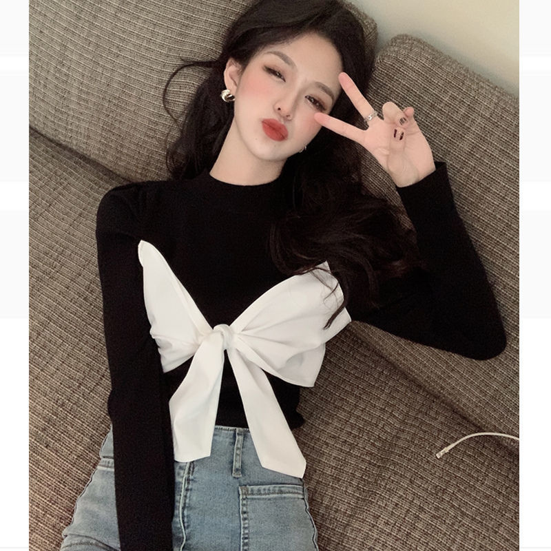 2021 spring new women's bow tie tie top slim long sleeve thickened T-shirt solid bottomed shirt
