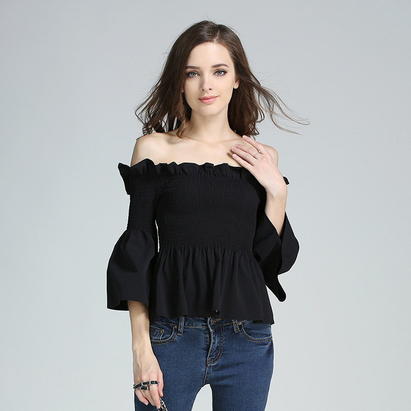 Off shoulder top women's 2021 spring new Korean closed waist fungus edge Shirt Black Slim bottomed shirt