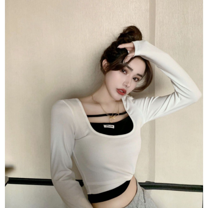 Crafty square collar fake two-piece blouse for women in spring and autumn with design feeling Hong Kong Style slim fit short foreign style long sleeve bottoming shirt