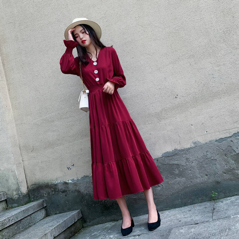High waist spring and autumn winter new red V-neck dress Hong Kong style retro fairy waist slim temperament dress