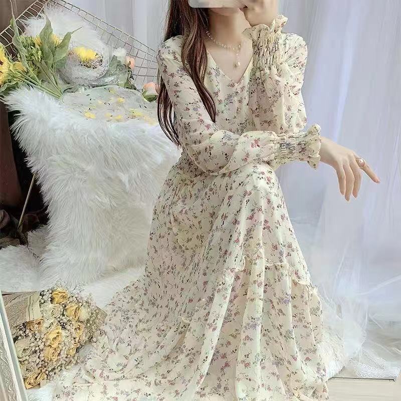 2021 new spring and autumn wear long sleeve waist closing display high waist casual V-neck skirt Floral Chiffon dress long