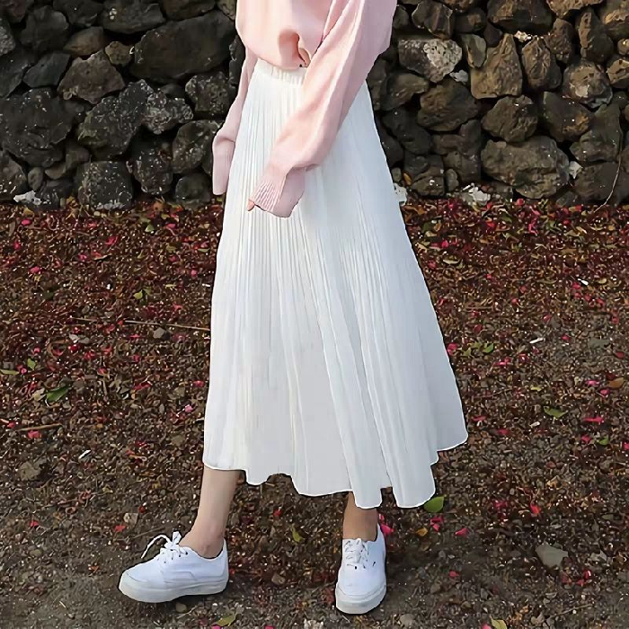Summer new women's solid color skirt A-line skirt White Chiffon high waist thin medium length pleated skirt spring and Autumn