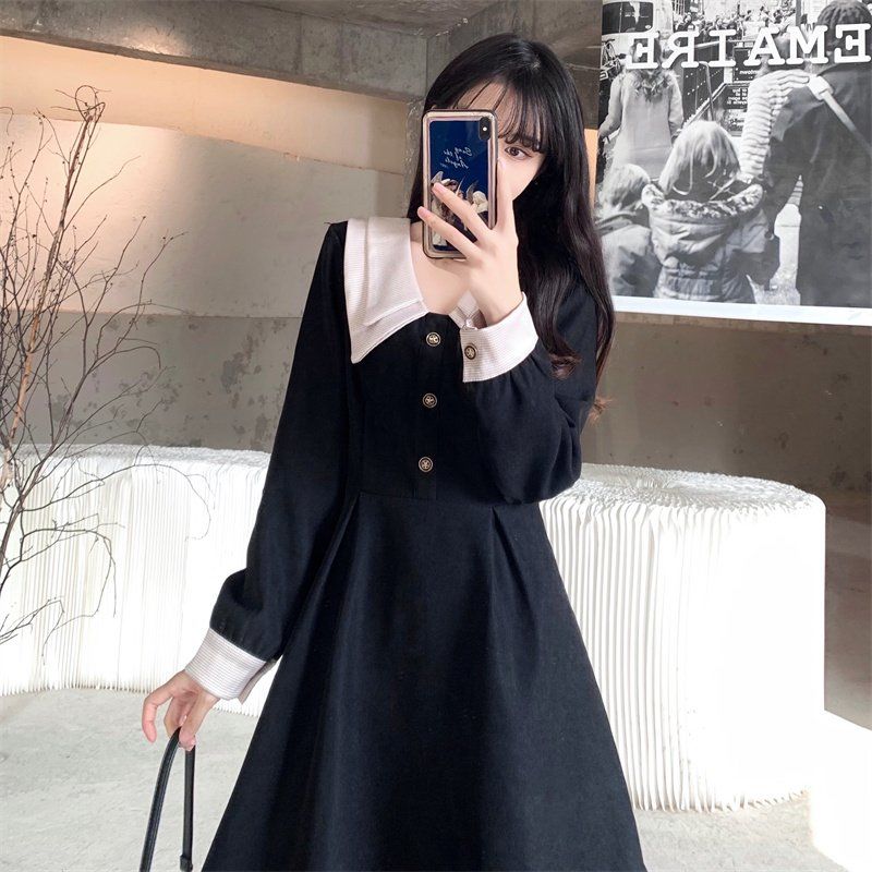Large women's autumn and winter retro court backing dress fat mm Hepburn double neck waist closing temperament over Knee Skirt