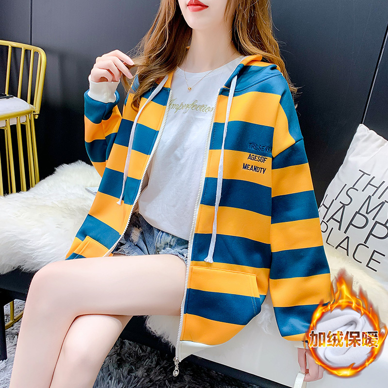[real shot composite] striped large embroidered cardigan hooded thickened zipper sweater women's coat