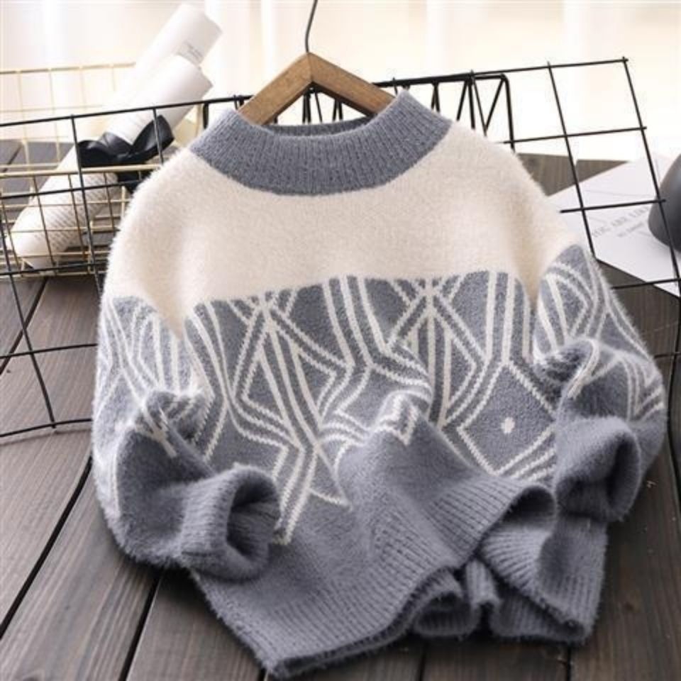 Thickened versatile mink cashmere boys' and girls' middle-aged children's sweater 2021 autumn winter fashion new knitted bottomed shirt Korean version