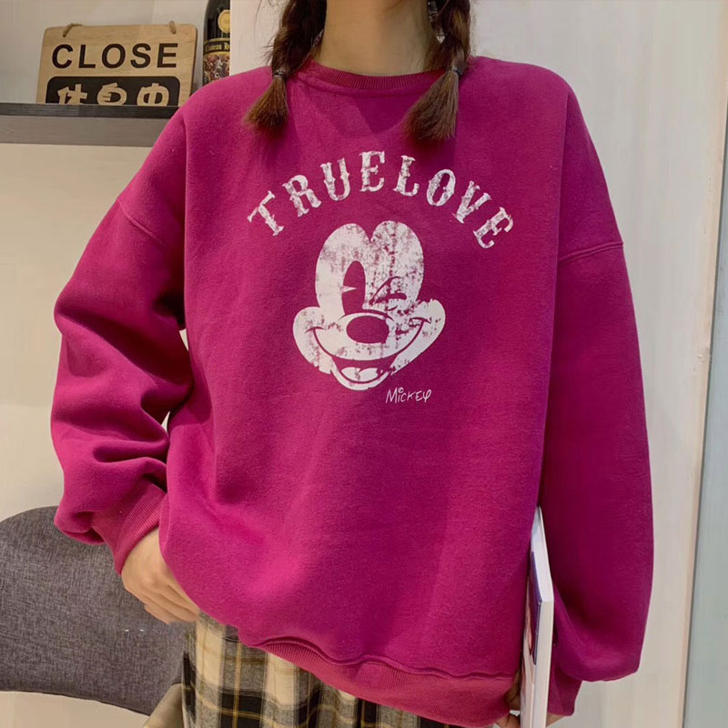 Plush and thickened Mickey red sweater women's new loose Korean round neck hoodless lazy top in autumn and winter 2021
