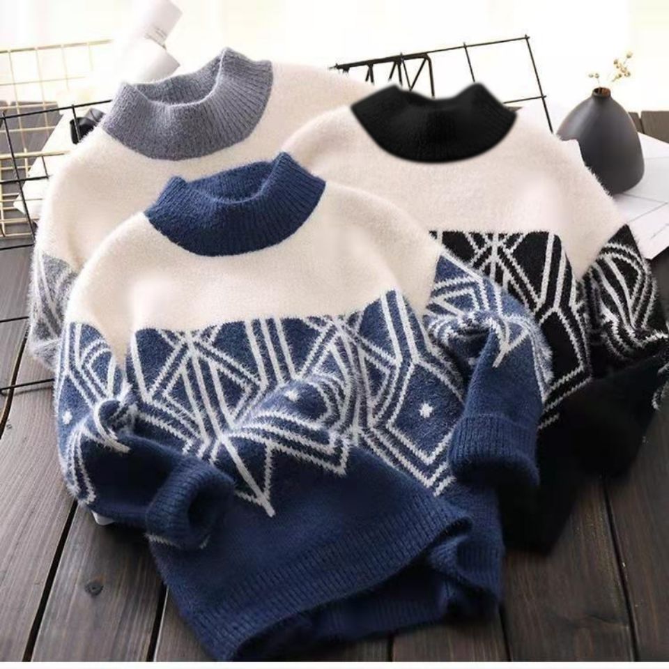 Thickened versatile mink cashmere boys' and girls' middle-aged children's sweater 2021 autumn winter fashion new knitted bottomed shirt Korean version