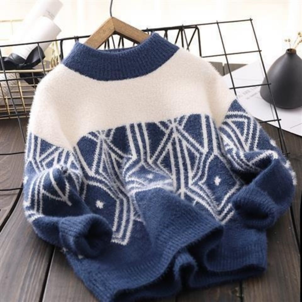 Thickened versatile mink cashmere boys' and girls' middle-aged children's sweater 2021 autumn winter fashion new knitted bottomed shirt Korean version