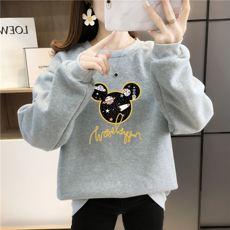 Autumn and winter Pullover loose casual shift clothes Plush thickened printed round neck sweater women's fashion