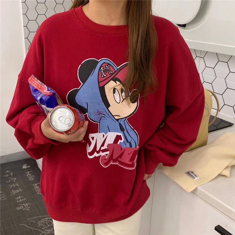 Plush and thickened red Mickey sweater women's autumn and winter new Korean loose BF lazy style