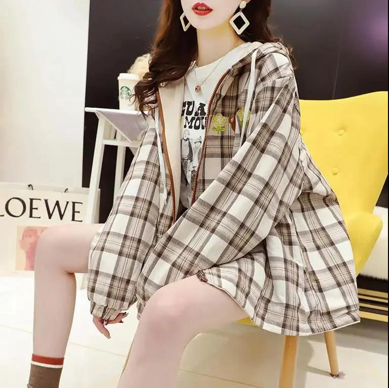 Wear retro Plaid Hoodie on both sides for women's autumn new loose Korean versatile thin jacket