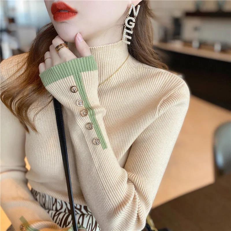 2021 autumn and winter new high neck knitted sweater women's foreign style Korean version thickened long sleeve solid color inner bottom shirt