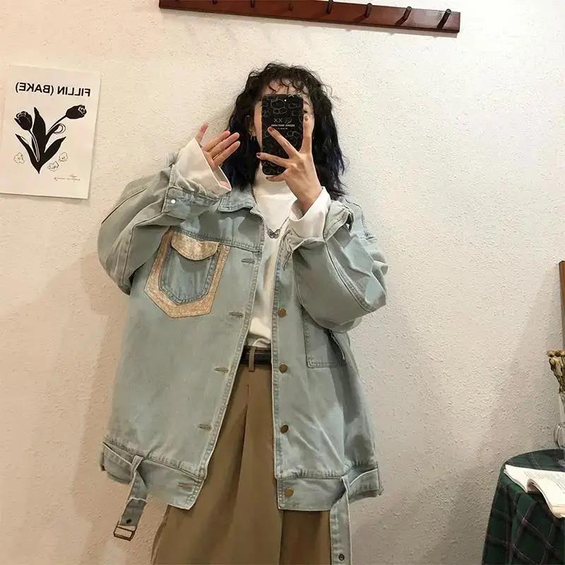 Korean version of Hong Kong Style bandage stitched denim jacket female student Autumn New Retro versatile loose jacket top trend