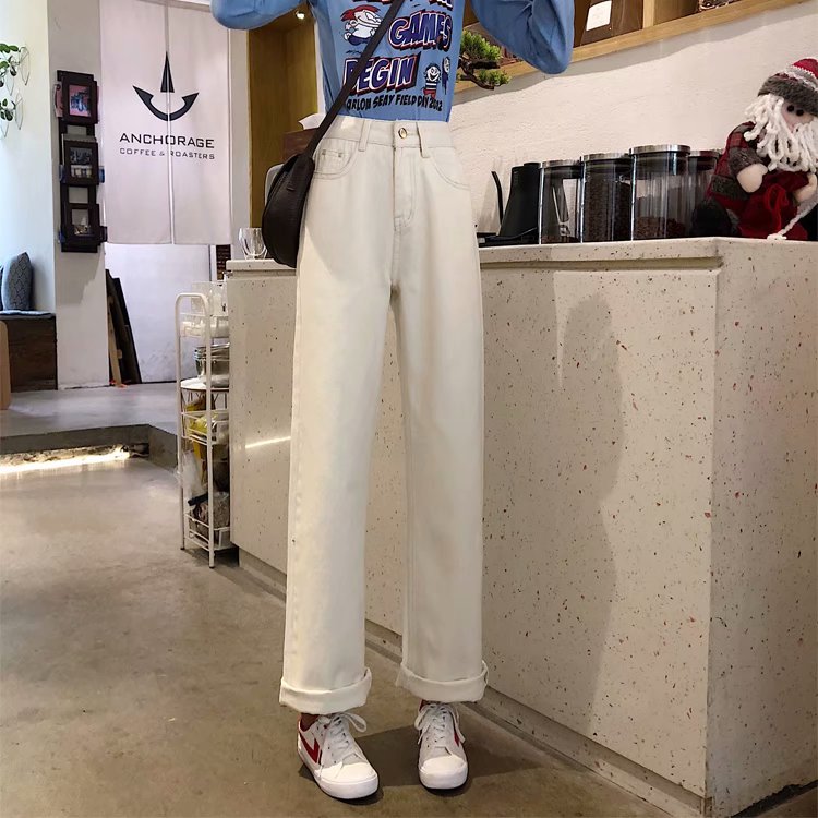 Large size straight jeans women's 2021 new high waist loose and thin Korean washed long pants