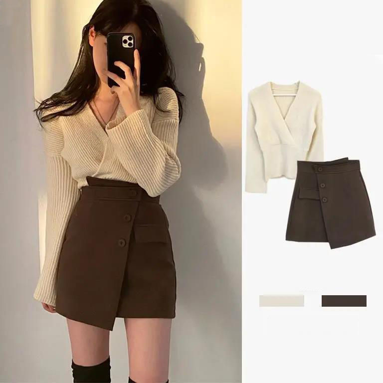 Autumn suit women's Retro High Waist irregular short skirt Hong Kong chic sweater looks thin and versatile two-piece suit fashion