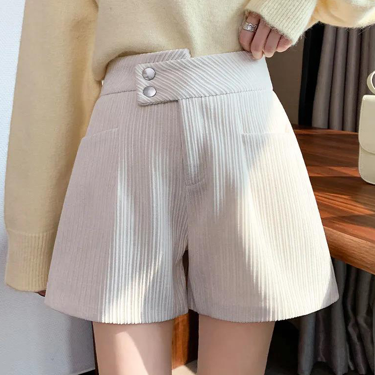 Corduroy shorts women's high waist irregular wide leg pants in autumn and winter wear loose Korean versatile straight leggings