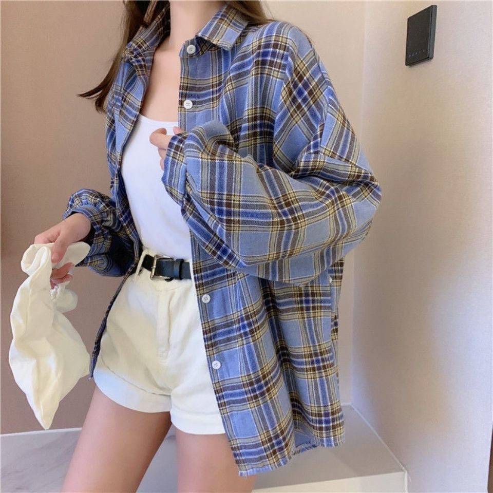 Cotton spring and autumn new Harajuku versatile shirt BF wind long loose large thin long sleeve plaid coat