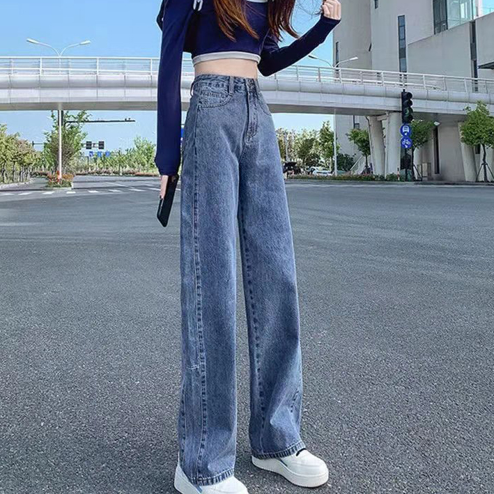 High waist straight jeans women's autumn new design feeling loose thin versatile slim stitched wide leg mops