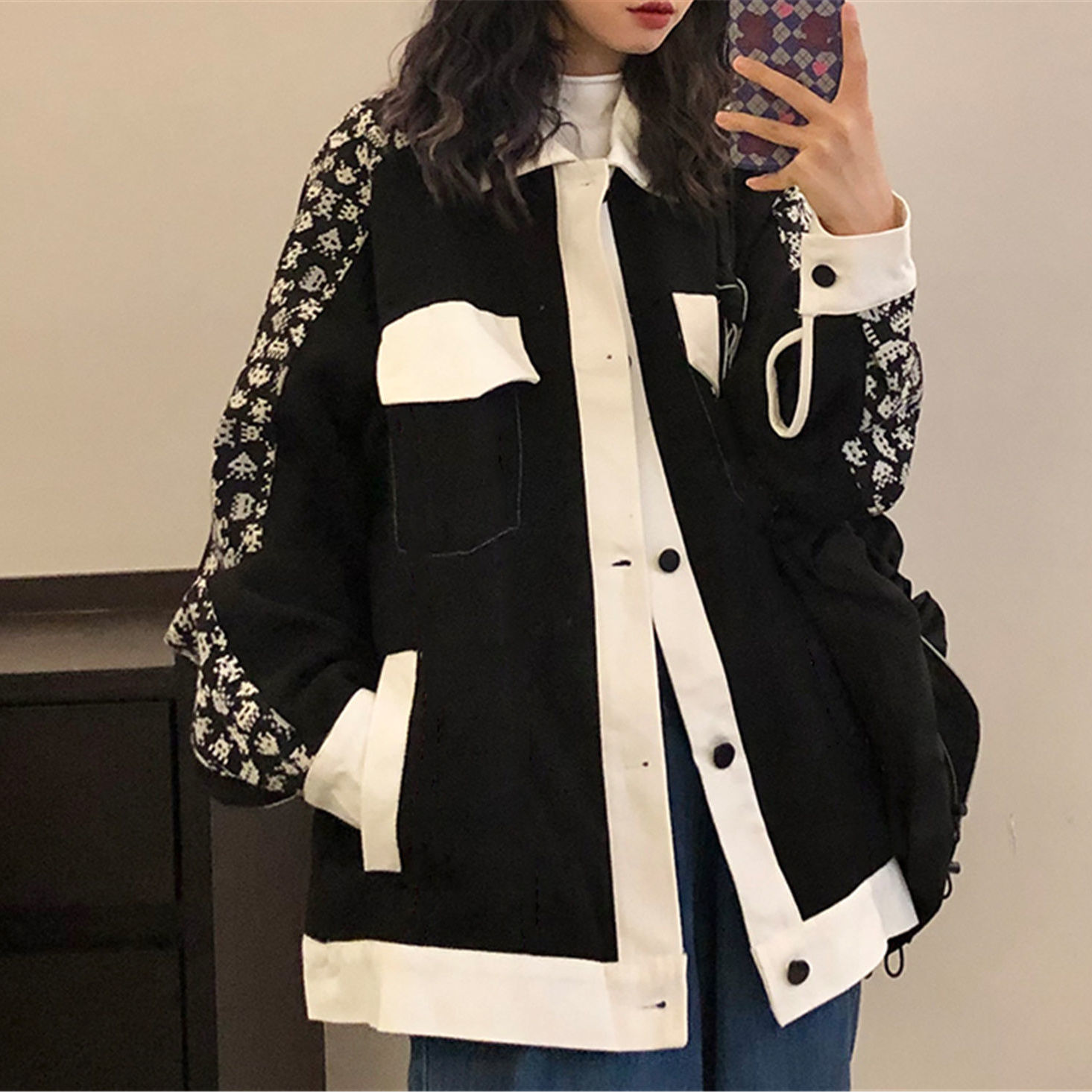 2021 Korean version of Hong Kong style contrast color jacket for female students in autumn new polo collar college style versatile tooling trend