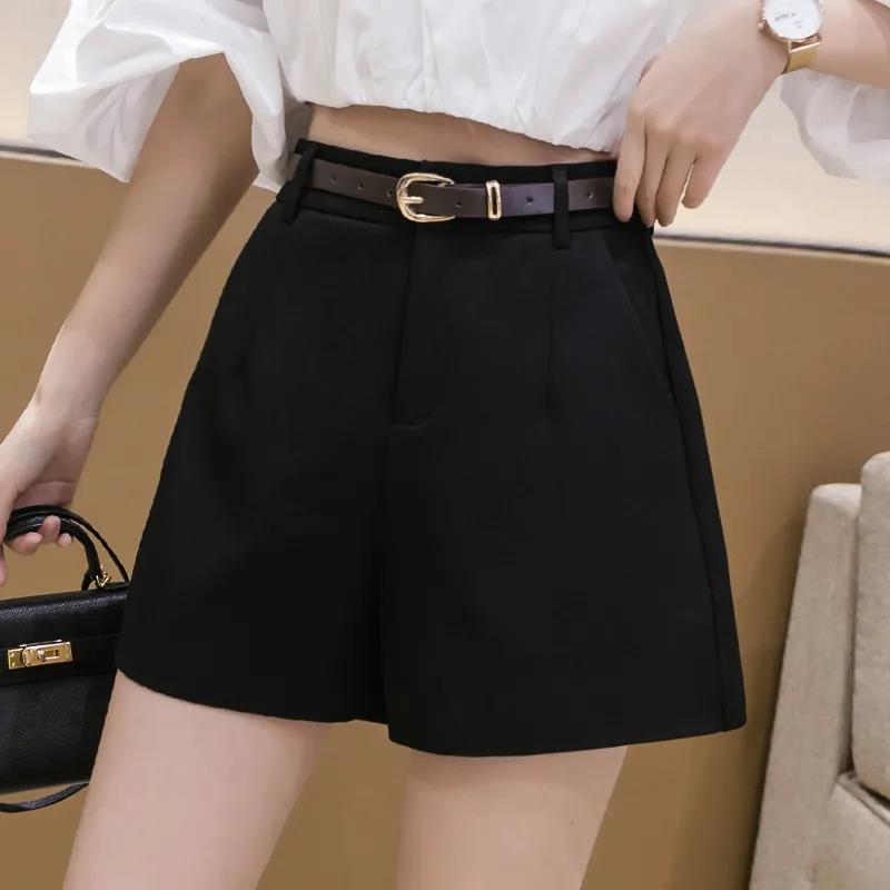 [double layer with lining] casual short women's 2021 new fashion versatile high waist slim loose Black Wide Leg Pants