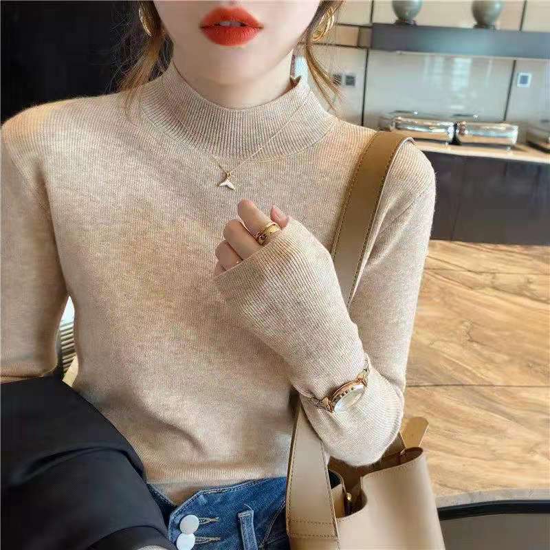 2021 autumn and winter new solid color bottomed shirt versatile long sleeve slim fit half high neck sweater sweater sweater fashion