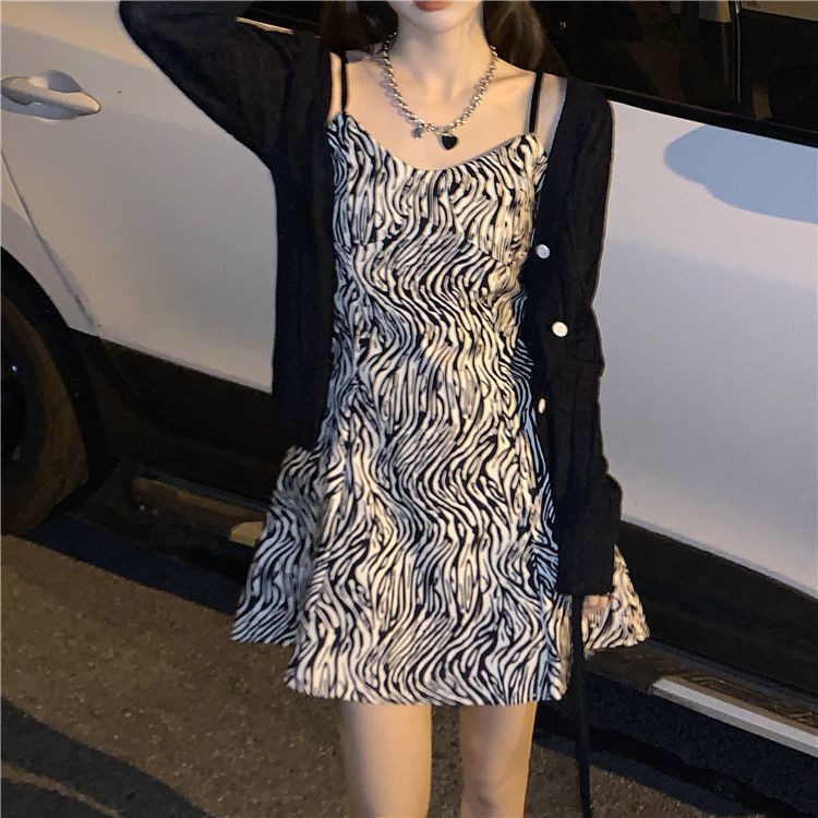 2021 spring and summer Zebra Stripe inside with waist strap dress medium long women's wear versatile suit skirt two-piece set