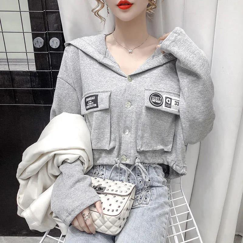 Korean long sleeve hooded short sweater women's 2021 autumn new loose and versatile drawstring cardigan thin coat trend