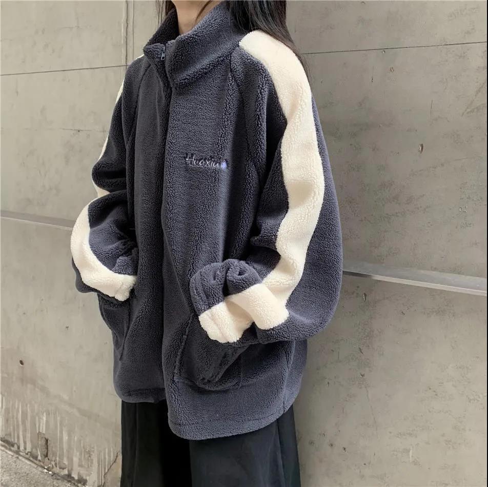 Korean loose imitation lamb wool coat women's autumn and winter new versatile BF style letter embroidery stand collar Baseball Jacket