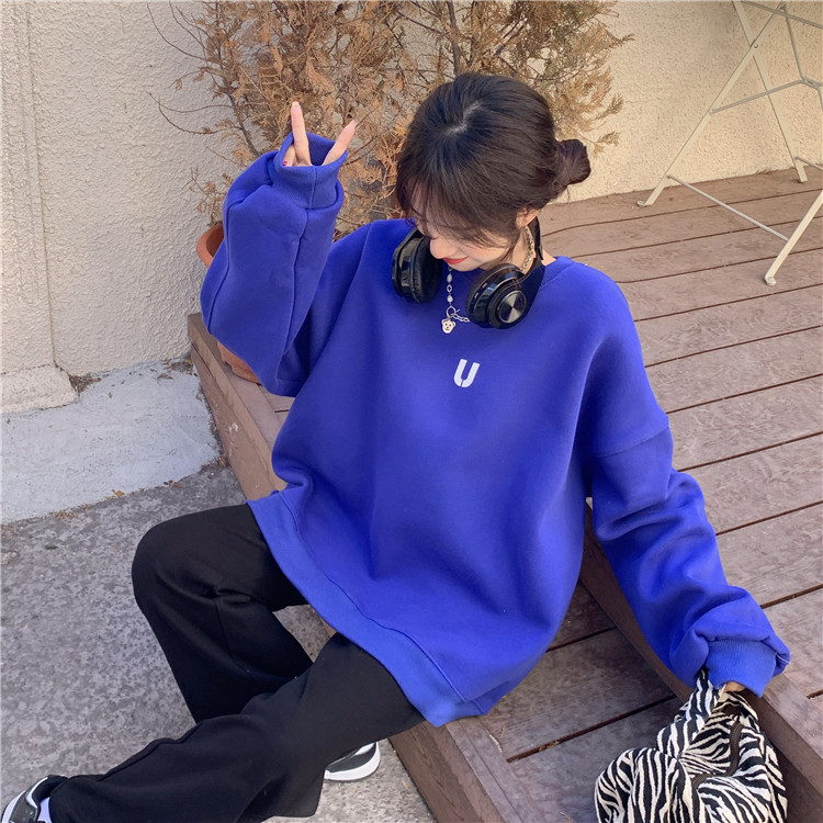 Plush and thickened Klein blue sweater women's autumn and winter 2021 new round neck medium and long BF style long sleeve coat